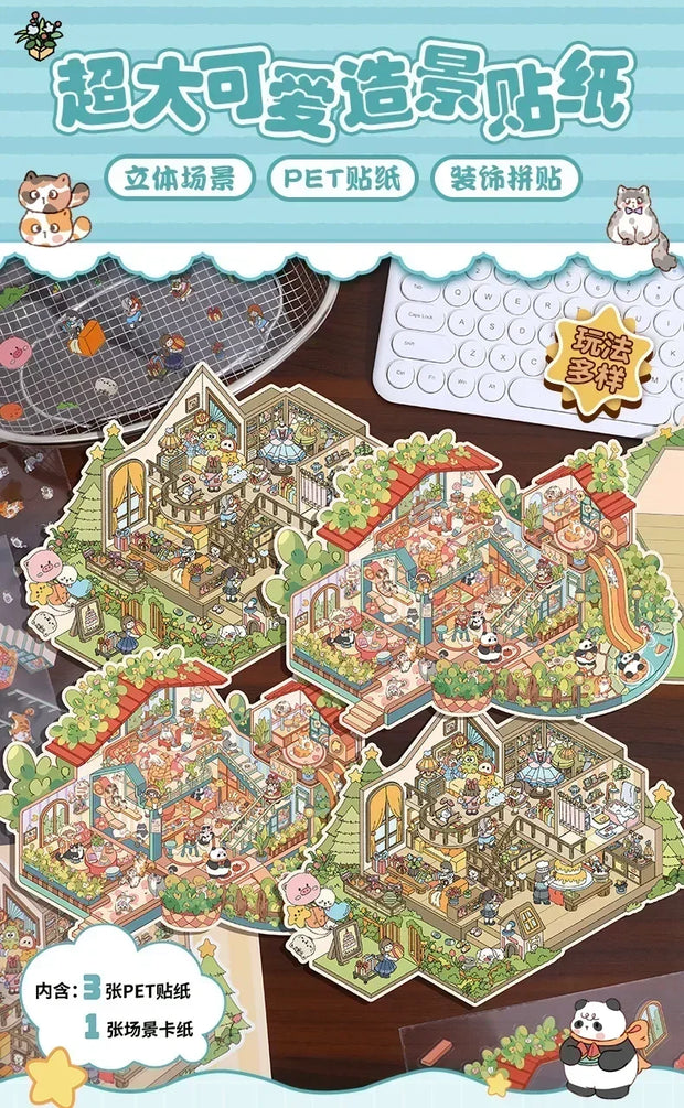 DIY Plus Size Treasure Box World Landscape Sticker 3D Pocket Cabin Scene Stickers Gift for Kid Child
