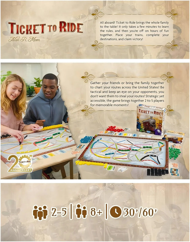 Ticket to Ride Board Game, Cross-Country Train Adventure for Family & Friends, Strategy Game for Ages 8+, 2-5 Players, 30-60 Min