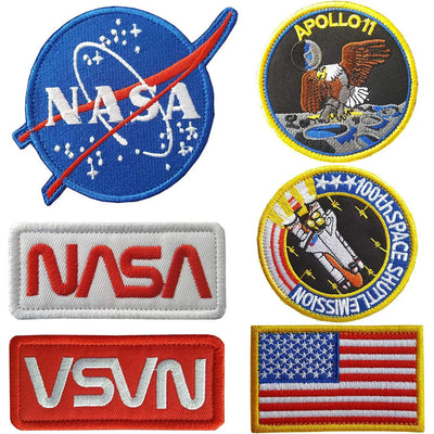 NASA Patches 6 Pieces,Embroidered Iron On/Sew On Space Patches,US Flag Patch,Chenille patch (Iron on/Heat Transfer Backing)