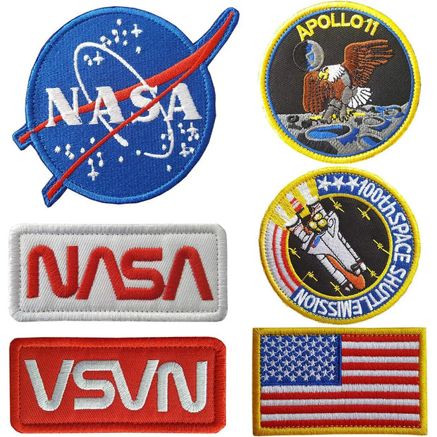 NASA Patches 6 Pieces,Embroidered Iron On/Sew On Space Patches,US Flag Patch,Chenille patch (Iron on/Heat Transfer Backing)