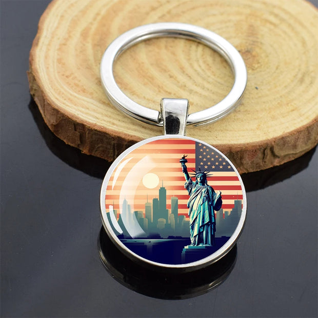 USA Independence Day Keychains United States Flag Statue of Liberty July Fourth Jewelry Two Sides Glass Ball Pendant Key Chains